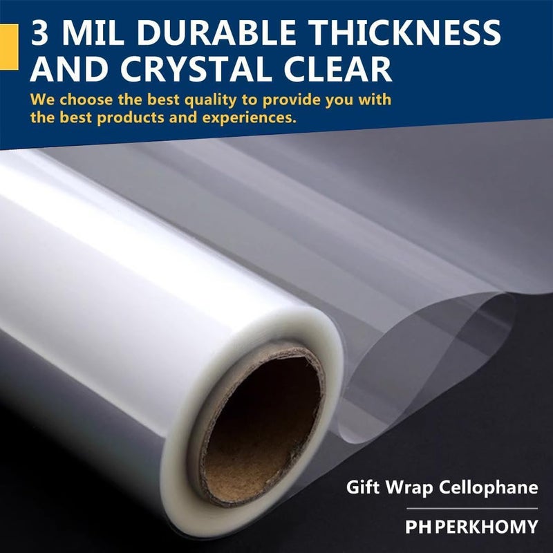 PH PERKHOMY PerkHomy Folio Clear Cellophane Wrap Roll 32" x 50' Folded 3 Mil Thick Cellophane For Gift Basket Treats Goodie Wrapping Craft Flower Bouquet Plastic - Image 3